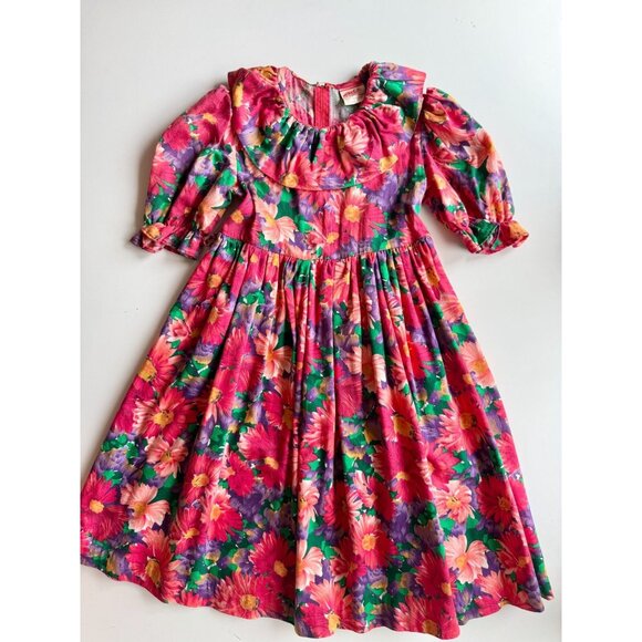 Vintage Girls' MONAT Red Purple Floral Cotton Muslin Fit & Flare Dress, Size 10 - Picture 1 of 10